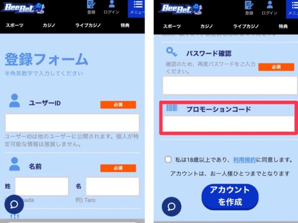 beebetプロモーションコードの入力手順2